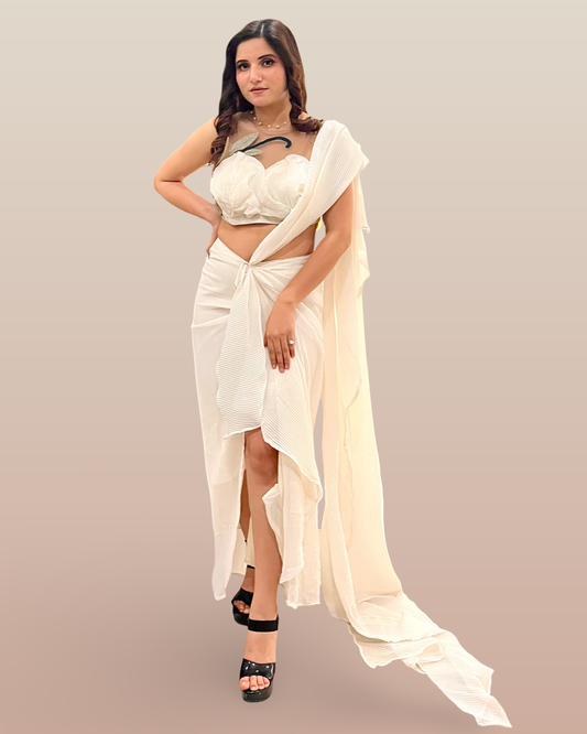 Draped off white saree inspired ensemble in pleated georgette fabric