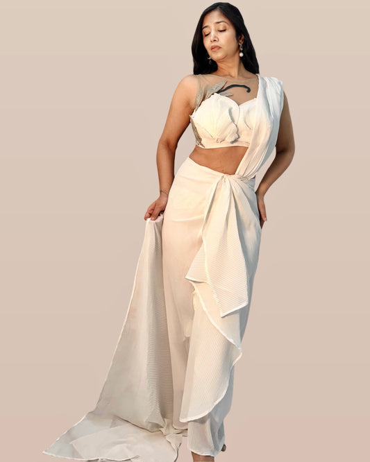 Draped off white saree inspired ensemble in pleated georgette fabric