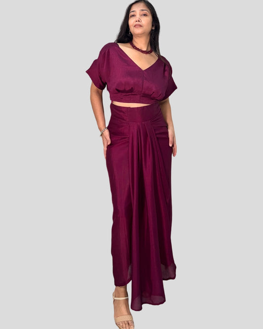 Wine Colour Draped skirt with kaftan crop top