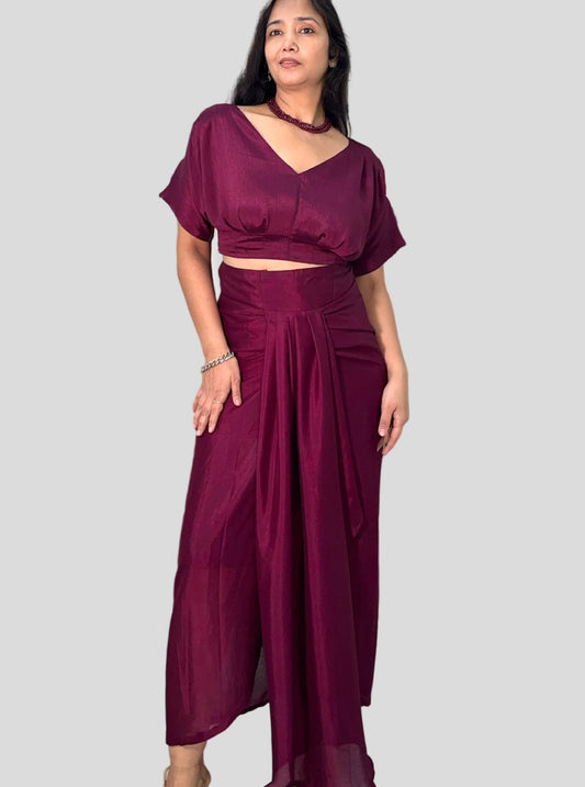 Wine Colour Draped skirt with kaftan crop top