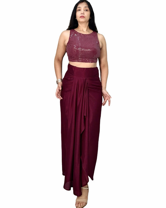 Wine colour drape skirt in crepe fabric with sequins blouse