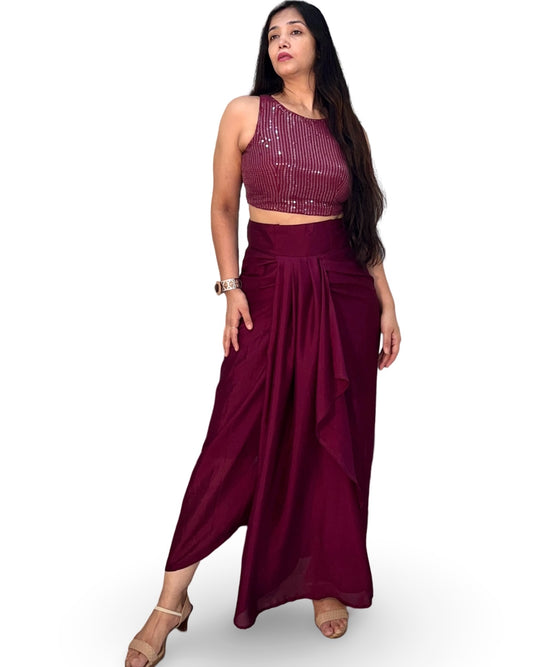Wine colour drape skirt in crepe fabric with sequins blouse
