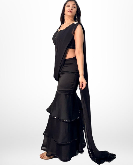 Black Ruffled Saree ensemble with sequins blouse