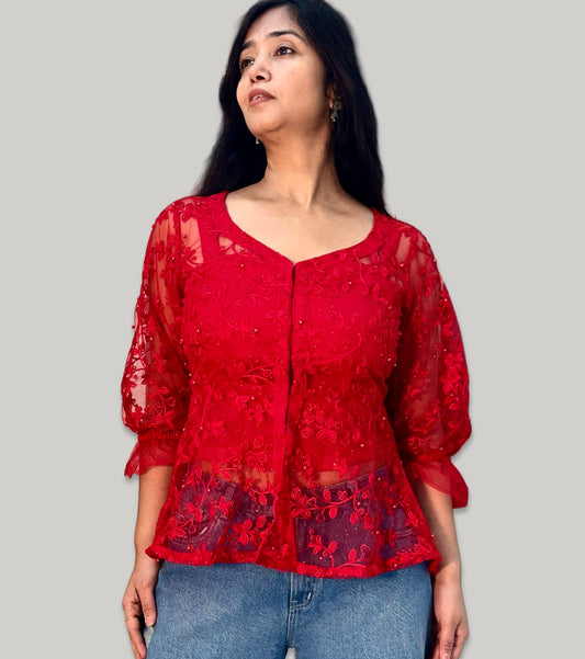 Red Embroidered sheer net tunic top with satin crepe inner top