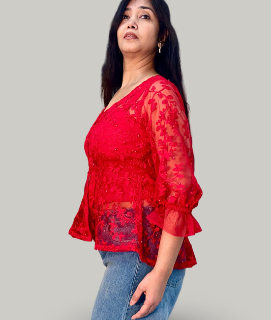 Red Embroidered sheer net tunic top with satin crepe inner top