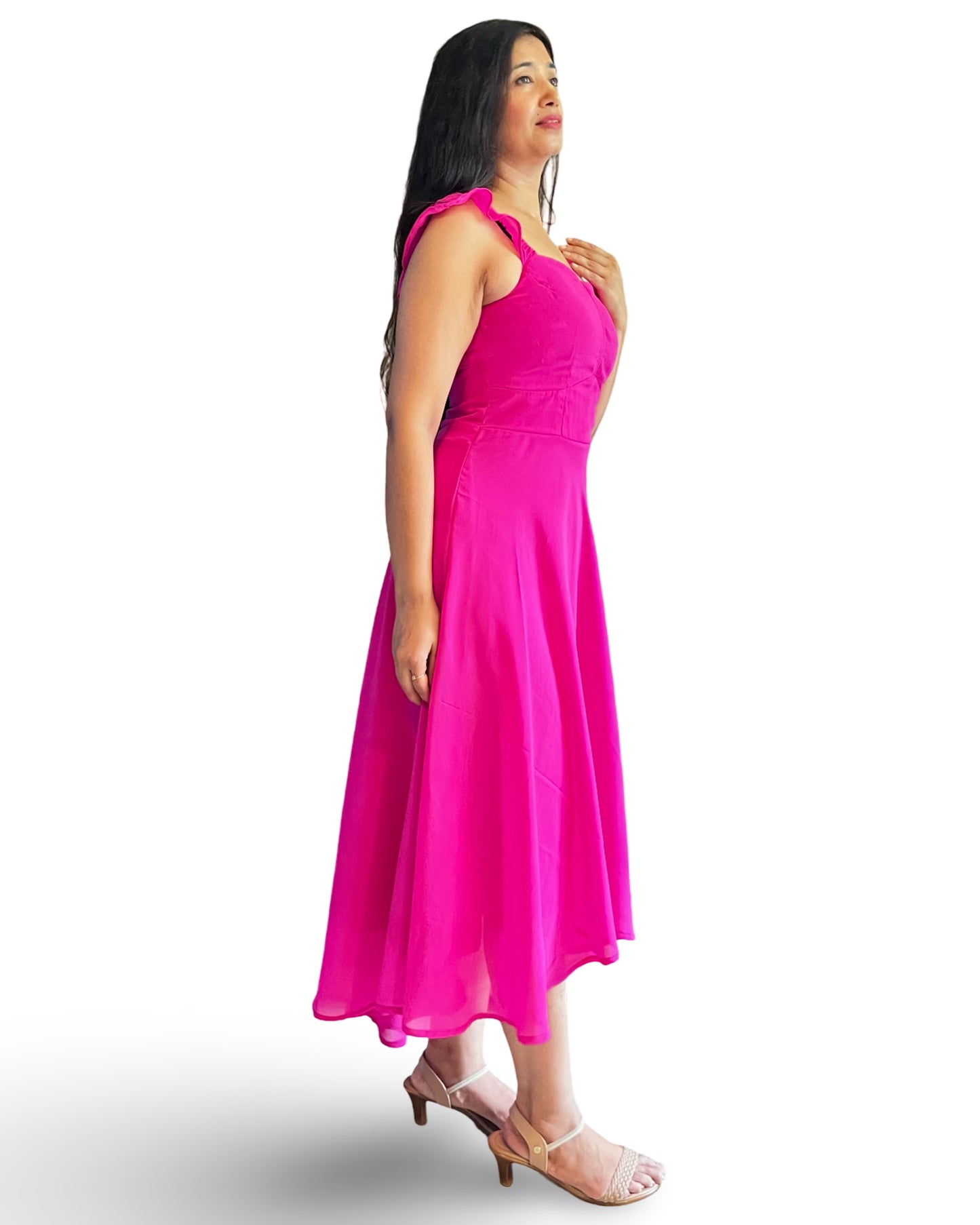 Georgette Fuchsia pink high n low long flared  dress