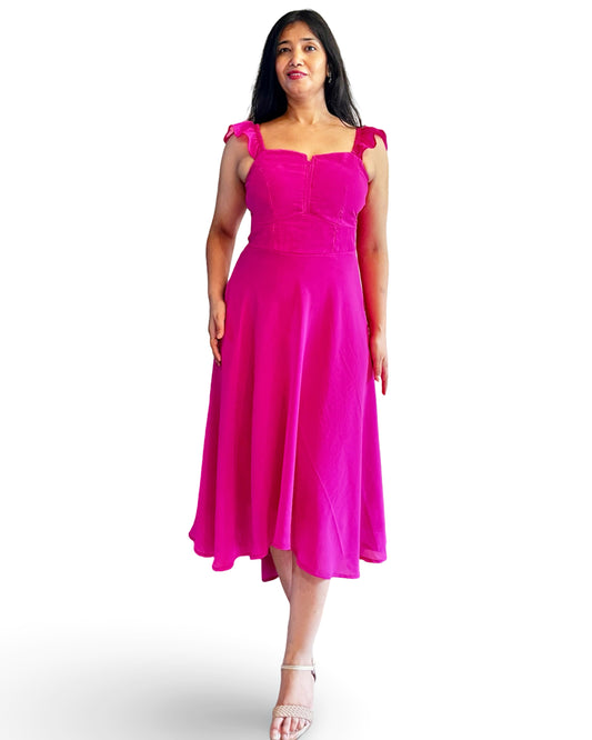 Fuchsia pink high n low long flared georgette dress