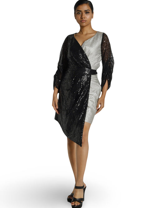 Sequins black and silver knee length partywear overlapped dress