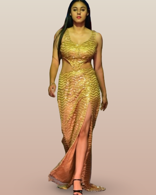 Golden embroidered and sequins  embellished party wear evening gown