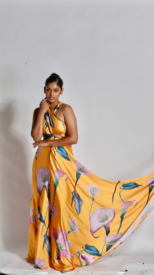 Made to Order Floral Halter neck backlesss Flared Satin Crepe Yellow Evening Gown