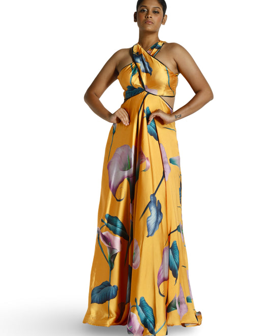 Made to Order Floral Halter neck backlesss Flared Satin Crepe Yellow Evening Gown