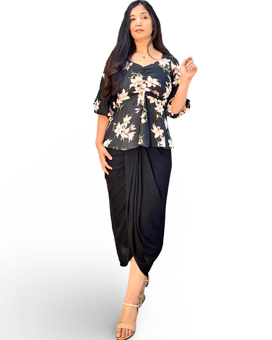 Draped black dhoti skirt with printed wrap tunic top
