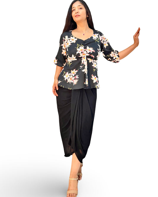 Draped black dhoti skirt with printed wrap tunic top