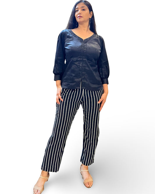 Medium Length Glace cotton Black top with embroidered placket and buttoned cuff
