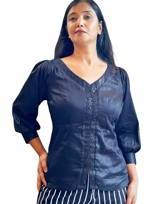 Medium Length Glace cotton Black top with embroidered placket and buttoned cuff