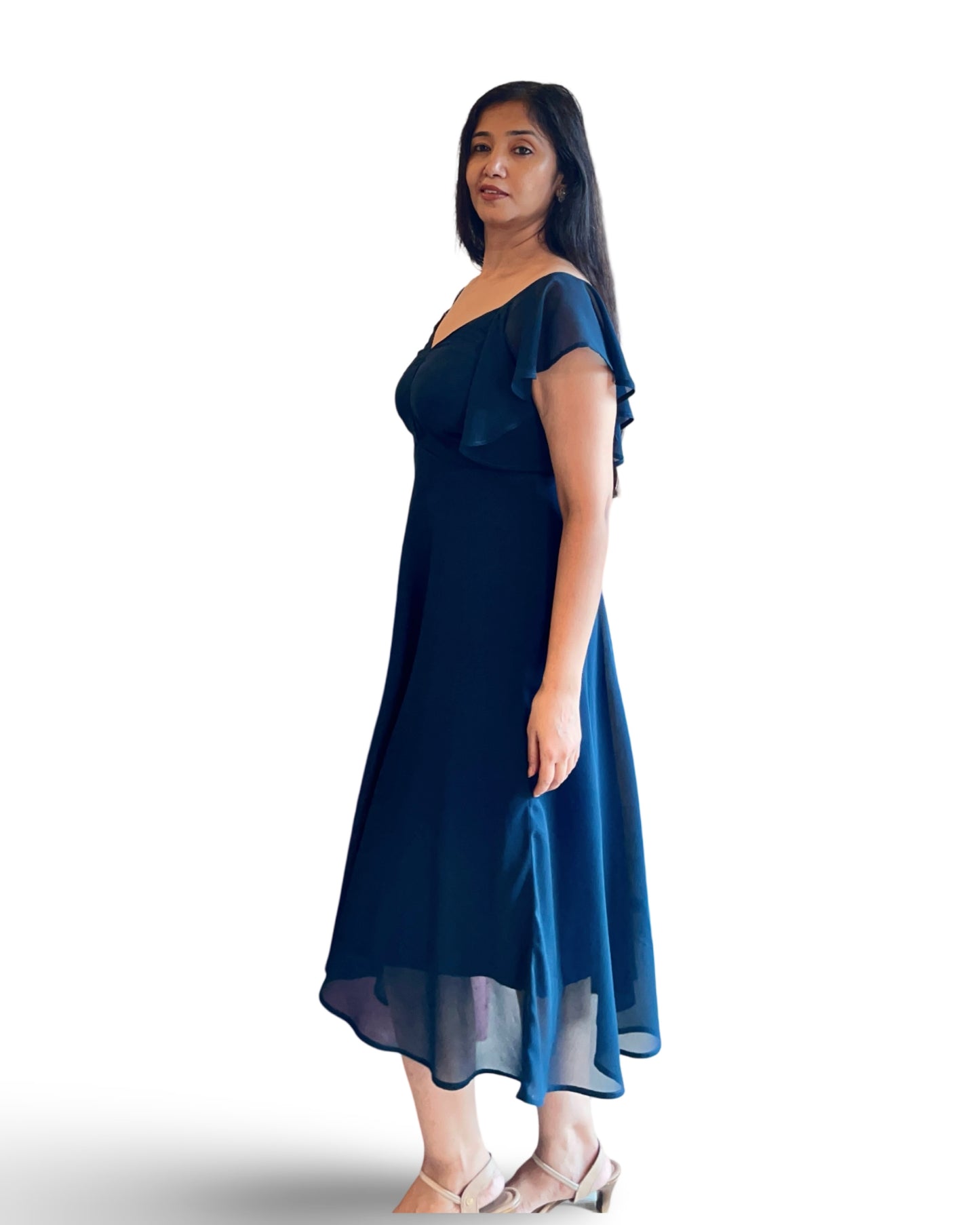 Flared long georgette dress with ruffled sleeves in teal blue colour