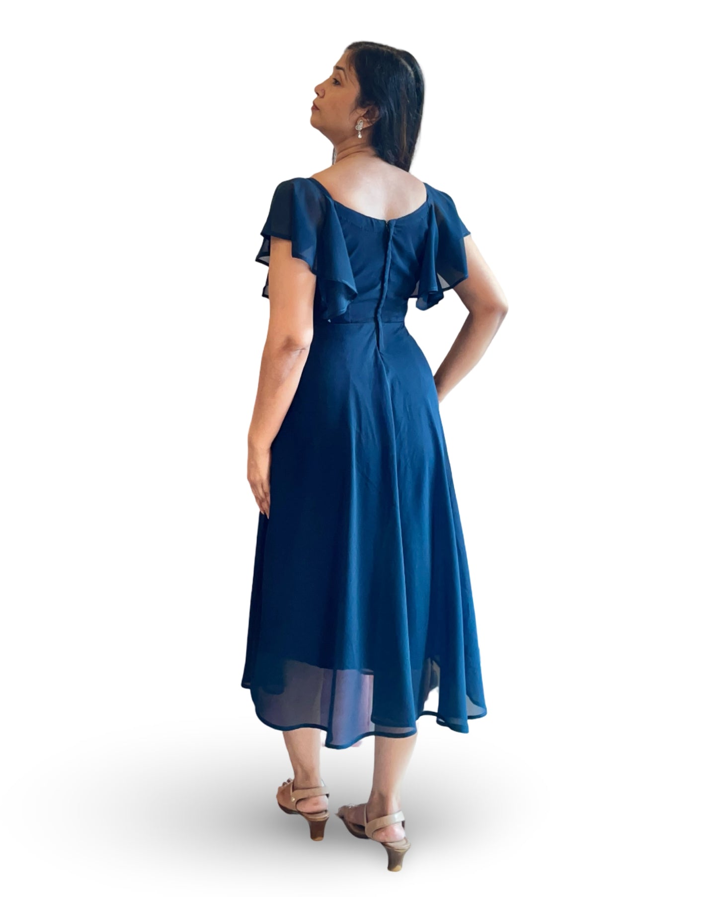 Flared long georgette dress with ruffled sleeves in teal blue colour