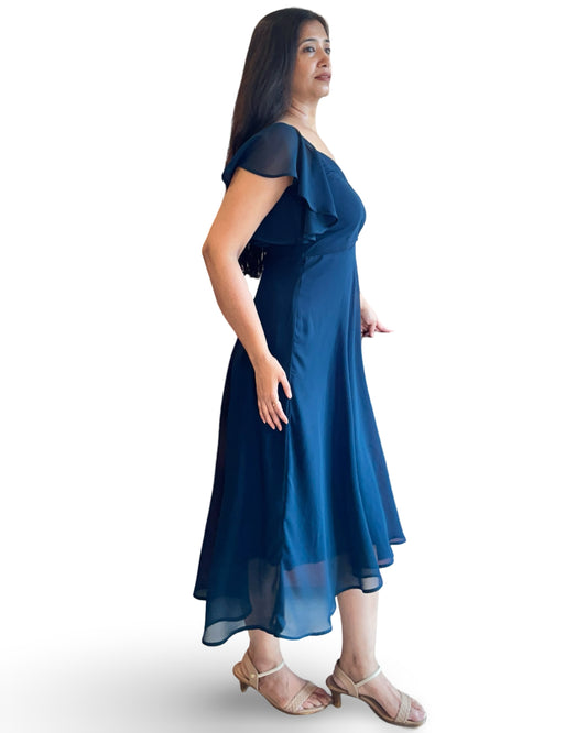 Flared long georgette dress with ruffled sleeves in teal blue colour