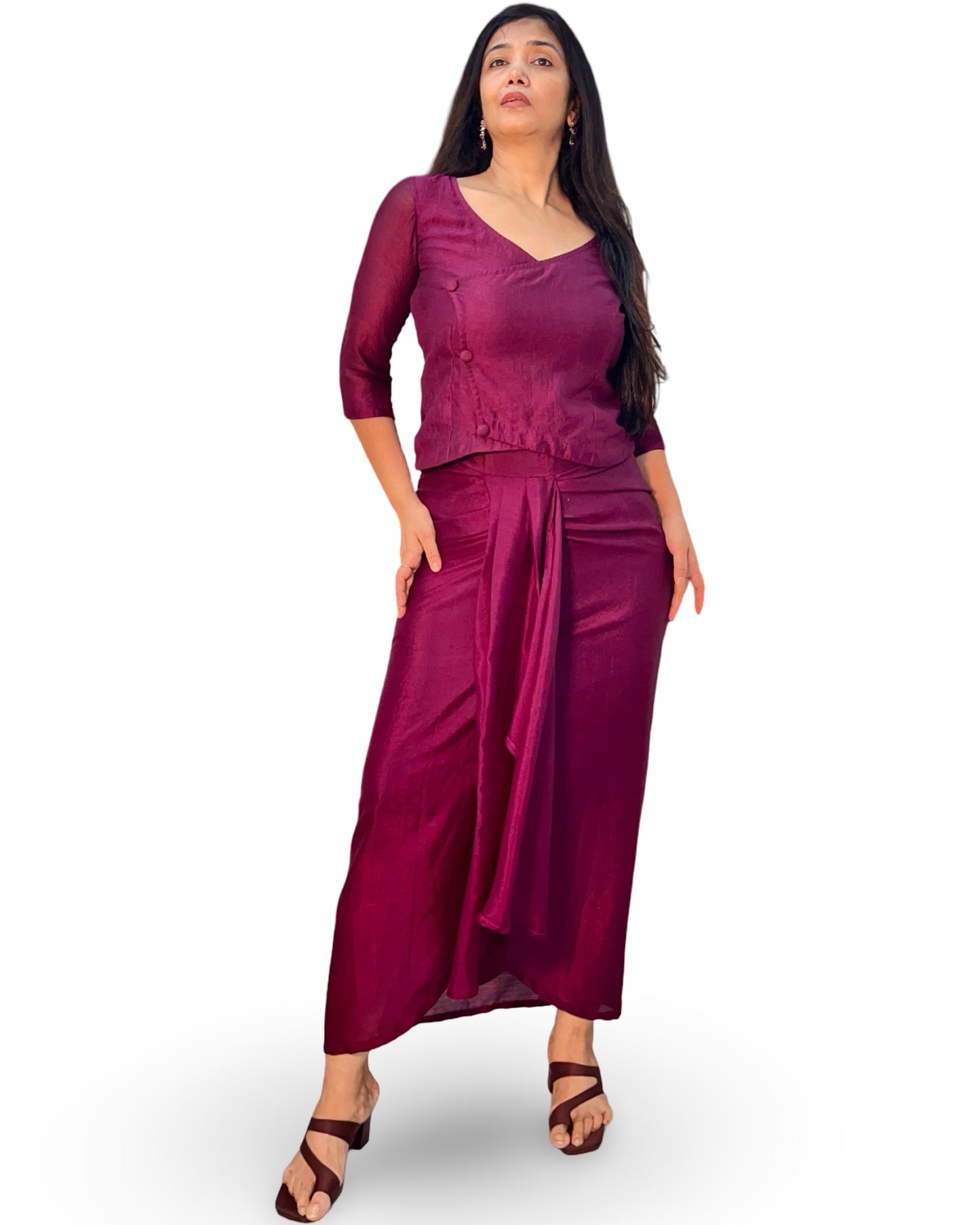 Drape skirt with wrap top in crepe fabric