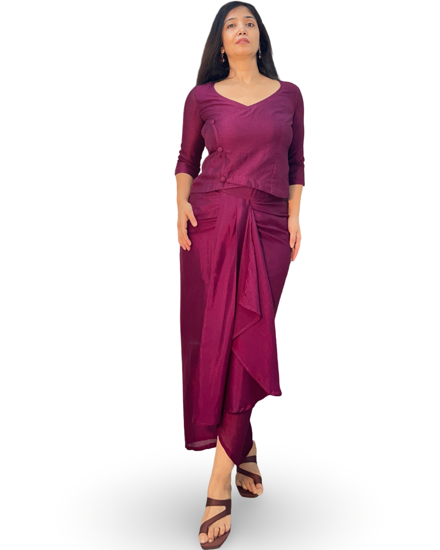 Drape skirt with wrap top in crepe fabric