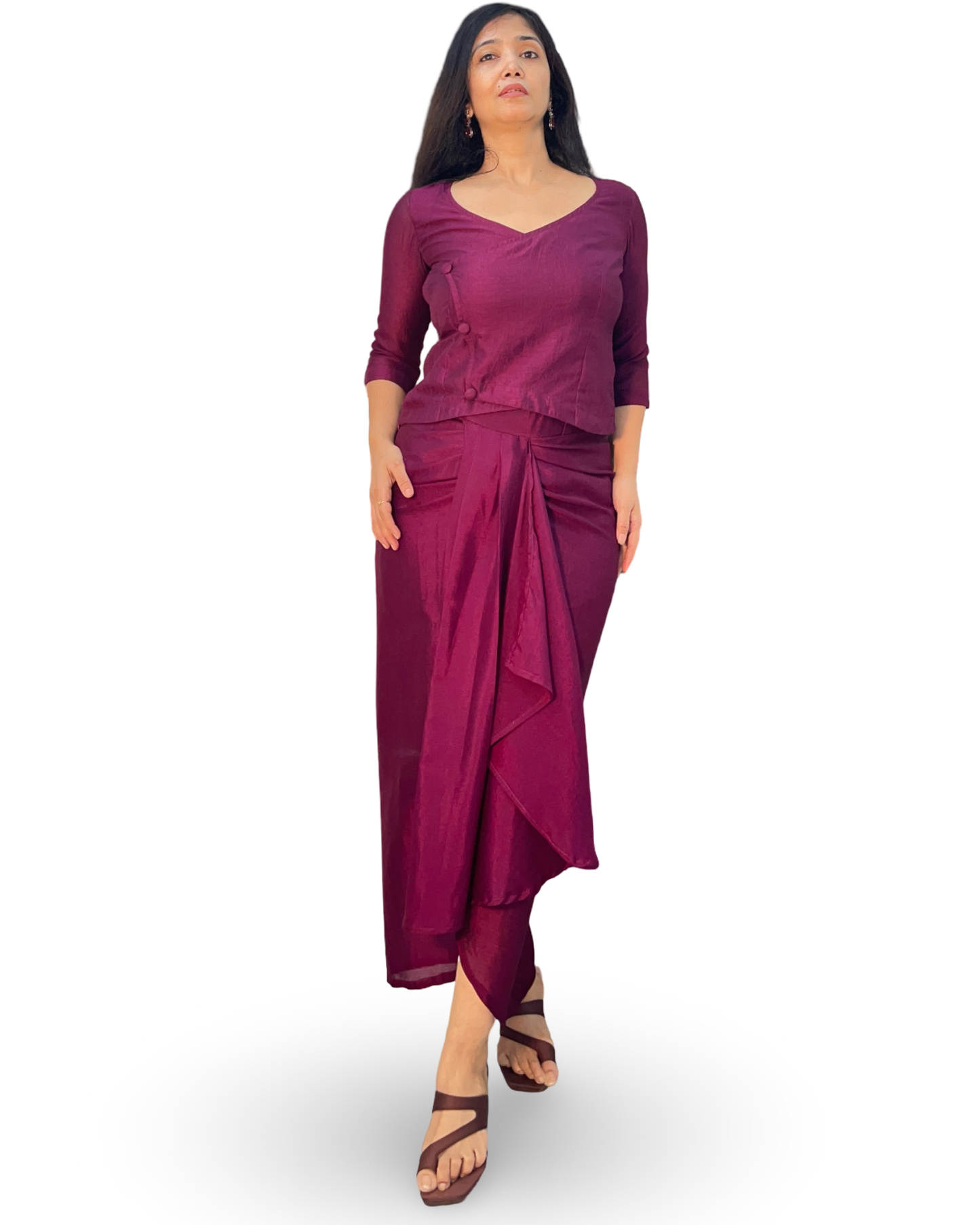 Drape skirt with wrap top in crepe fabric
