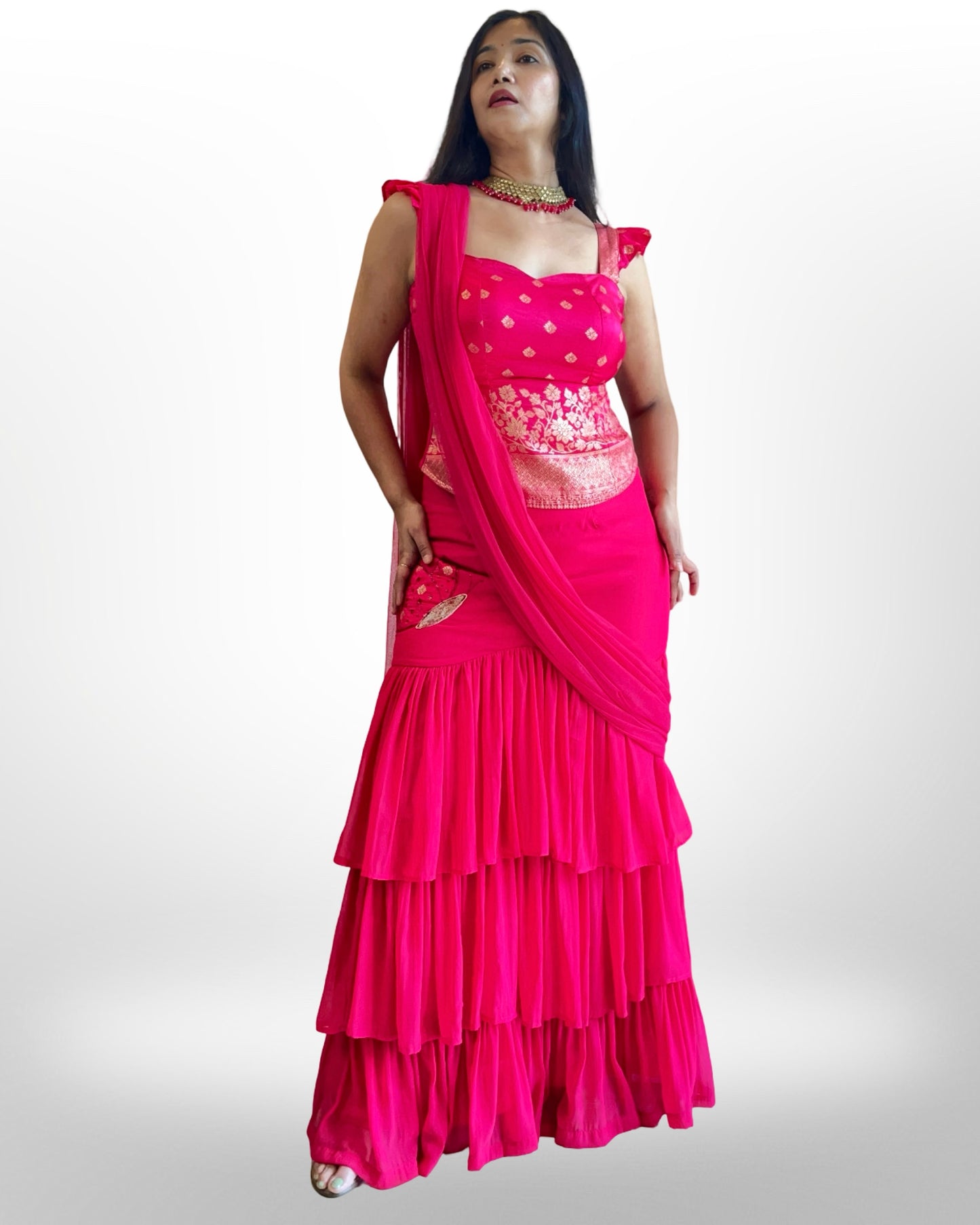 Georgette Multi layered Ruffled saree with brocade corset blouse