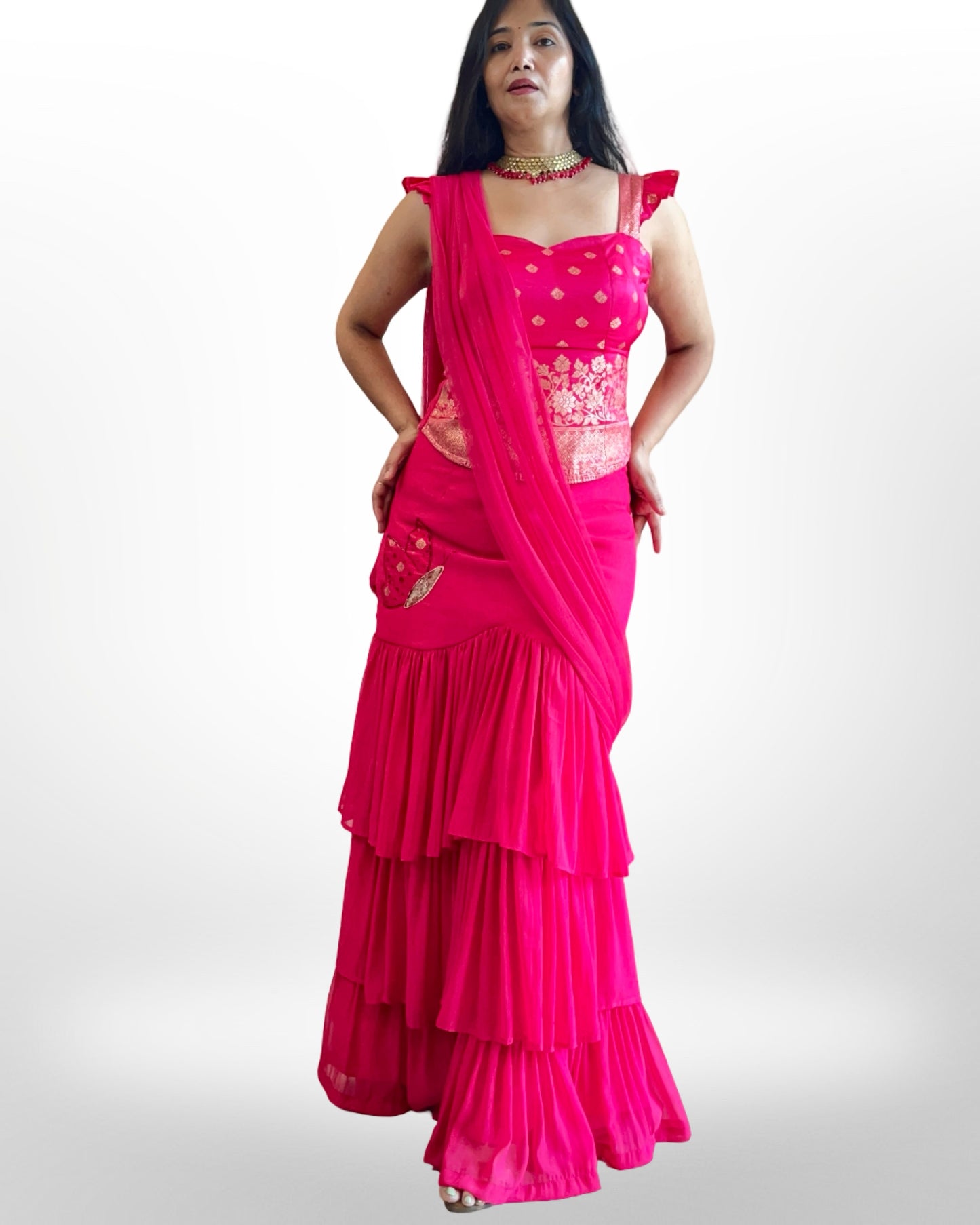 Georgette Multi layered Ruffled saree with brocade corset blouse