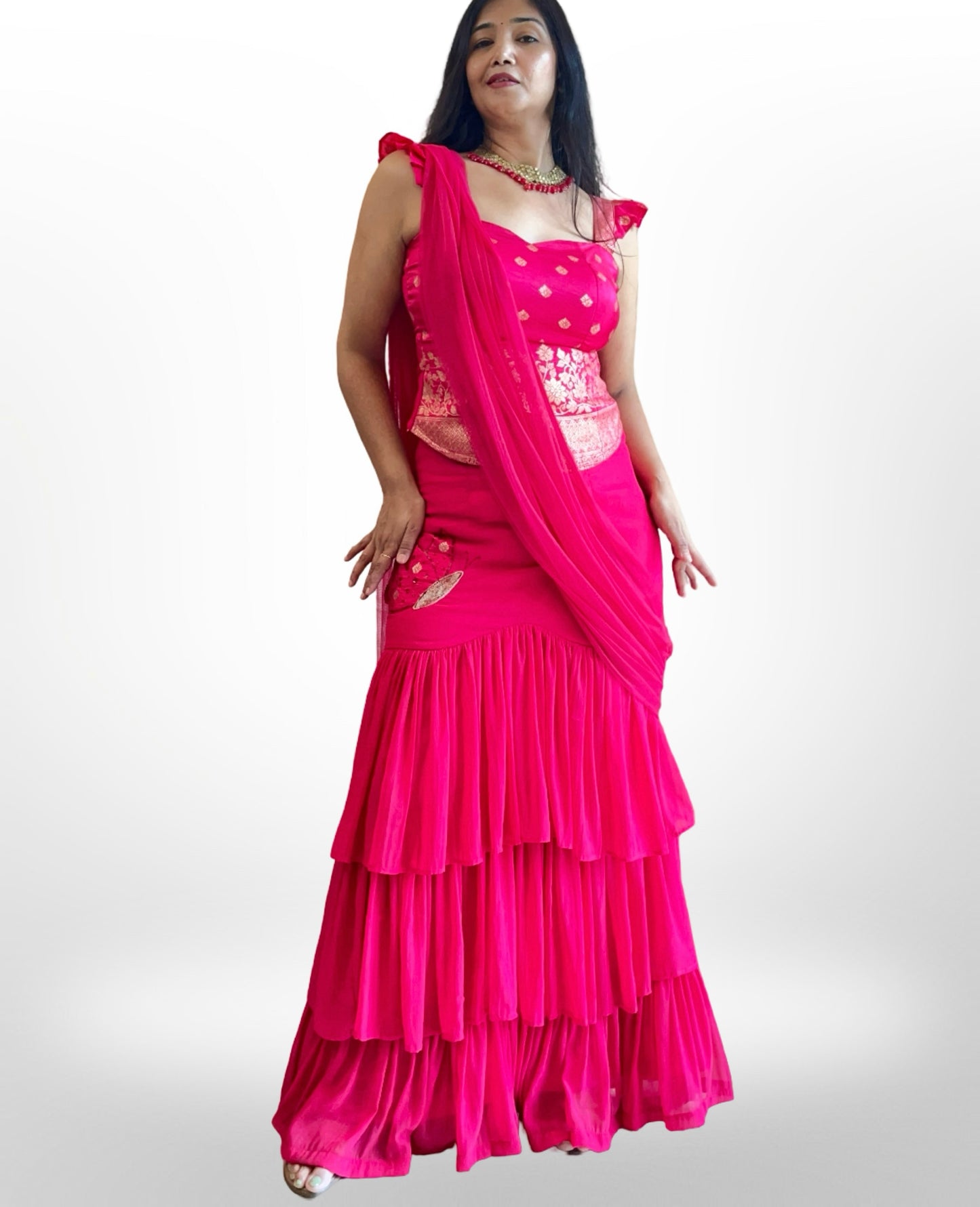 Georgette Multi layered Ruffled saree with brocade corset blouse